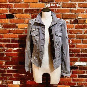 White House Black Market Grey Military Style Denim Moto Jacket Size 2